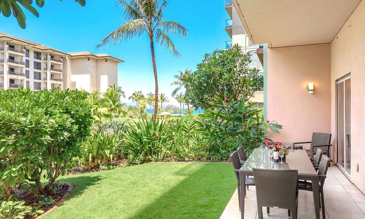 Kaanapali Condo | Maui Resort Rentals: Honua Kai Hokulani 112 – Super Quiet and Private Ground Floor 2BR, Easy Access to Pools, Beach, and BBQs, Large Lawn Area!