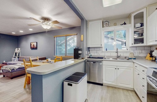 Tahoe Island House | Dog-Friendly Home with Hot Tub, Lovely Backyard Meadow, Walk to Shops & Restaurants