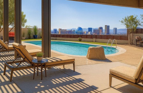 Sunrise Manor Villa | Private Estate w/Best Strip Views! Pool, Spa, Sauna, Gym, Game Room, & Casita