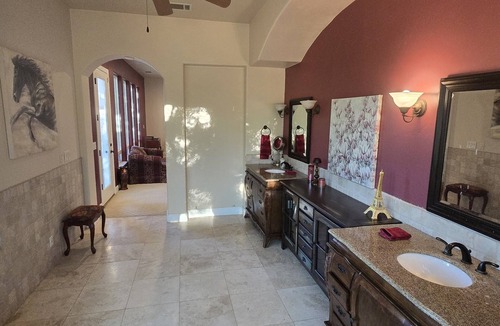 Sanger House | Private oasis with pool, outdoor bar, horses, river access & pyramid.