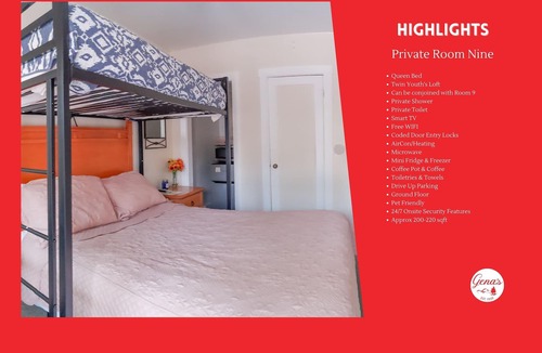 Dunlap Apartment | Private Room #9: Queen Bed + Youth Twin Loft Bunk & Priv Bath