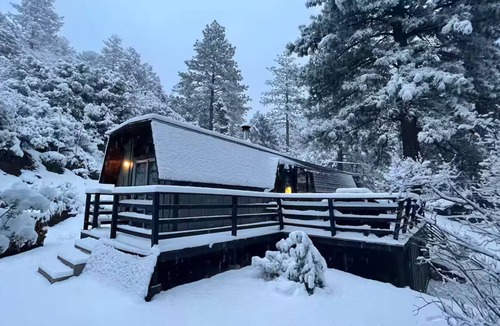 Pine Mountain Club Cabin | Retro Modern Tiny Cabin w/private hot tub, deck, and woodburning fireplace