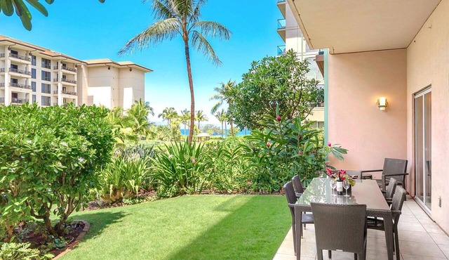 Maui Resort Rentals: Honua Kai Hokulani 112 – Super Quiet and Private Ground Floor 2BR, Easy Access to Pools, Beach, and BBQs, Large Lawn Area!
