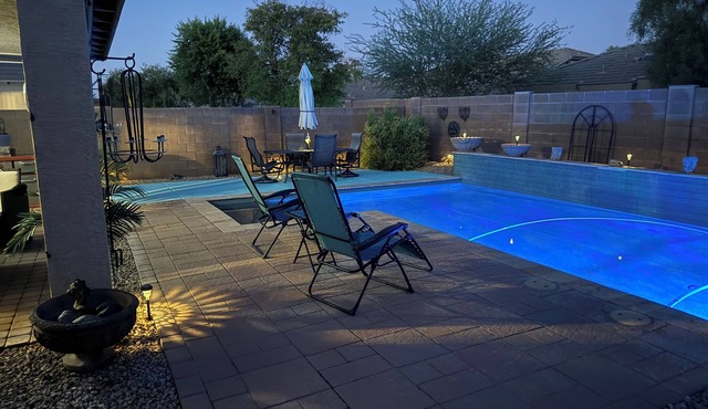 Spacious open concept rancher with private heated pool in Johnson Ranch